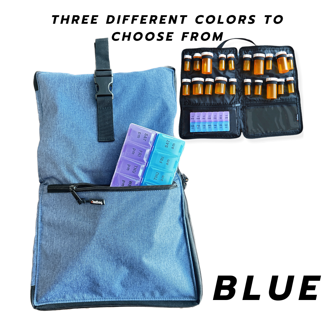 Razbag Medication Bag: Stylish, Secure Organizer with Pill Bottle Storage. Includes Weekly Pill Box. Total Medication Solutions! - Blue