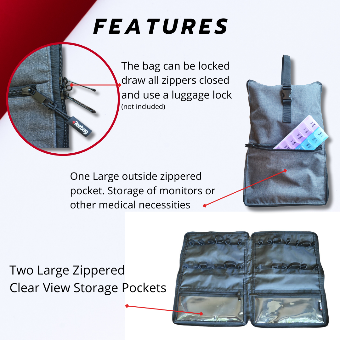 Razbag Medication Bag: Stylish, Secure Organizer with Pill Bottle Storage. Includes Weekly Pill Box. Total Medication Solutions! - Gray