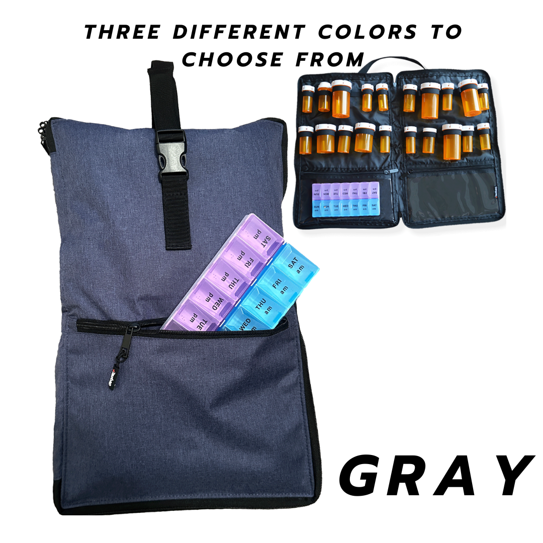 Razbag Medication Bag: Stylish, Secure Organizer with Pill Bottle Storage. Includes Weekly Pill Box. Total Medication Solutions! - Gray