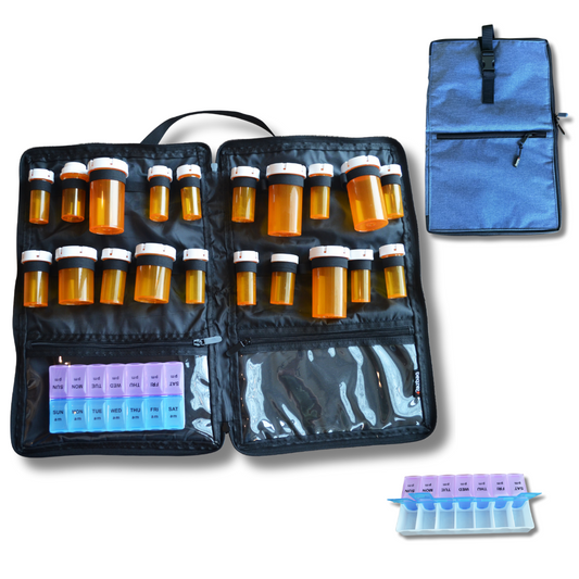 Razbag Medication Bag: Stylish, Secure Organizer with Pill Bottle Storage. Includes Weekly Pill Box. Total Medication Solutions! - Blue