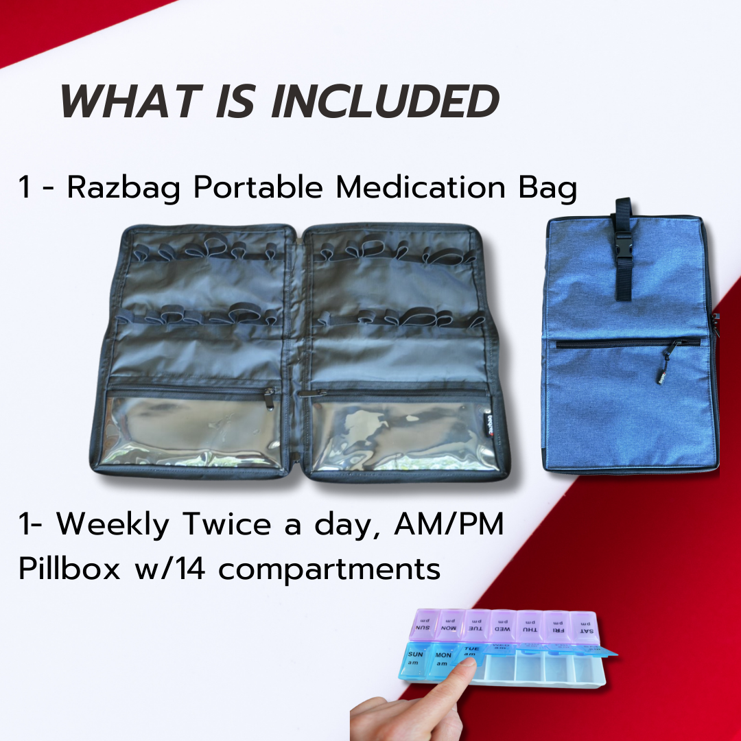 Razbag Medication Bag: Stylish, Secure Organizer with Pill Bottle Storage. Includes Weekly Pill Box. Total Medication Solutions! - Blue