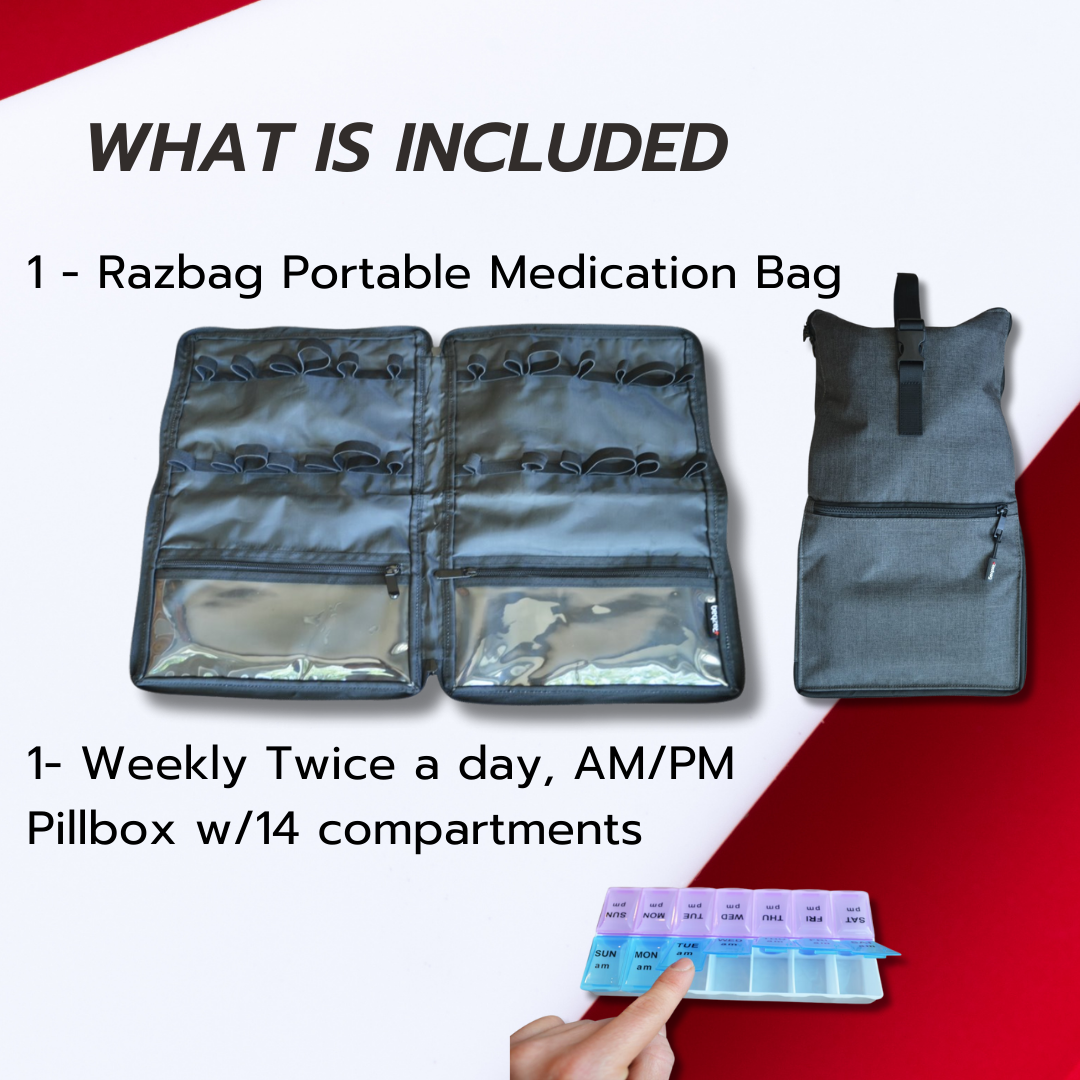 Razbag Medication Bag: Stylish, Secure Organizer with Pill Bottle Storage. Includes Weekly Pill Box. Total Medication Solutions! - Gray