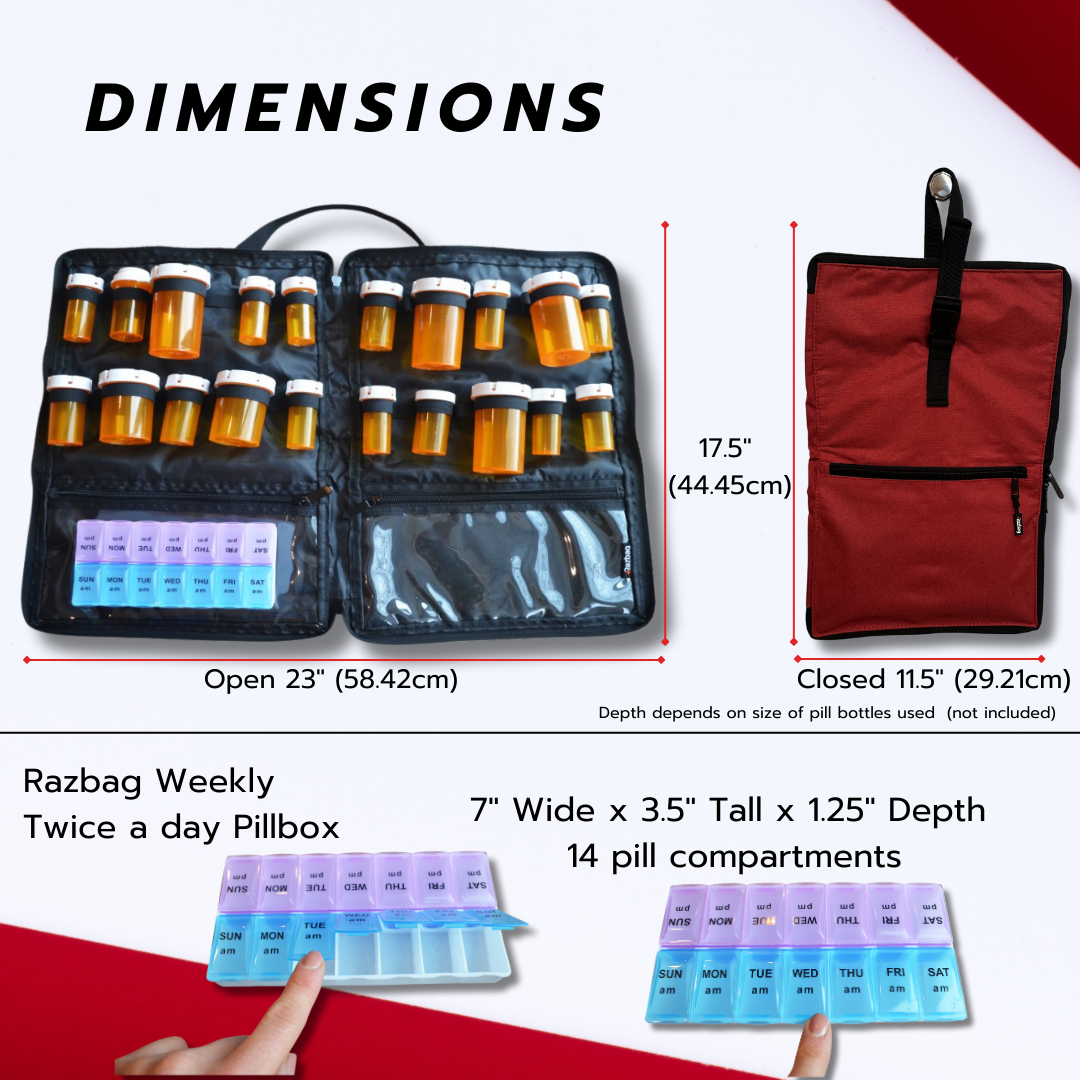 Razbag Medication Bag: Stylish, Secure Organizer with Pill Bottle Storage. Includes Weekly Pill Box. Total Medication Solutions! - Red