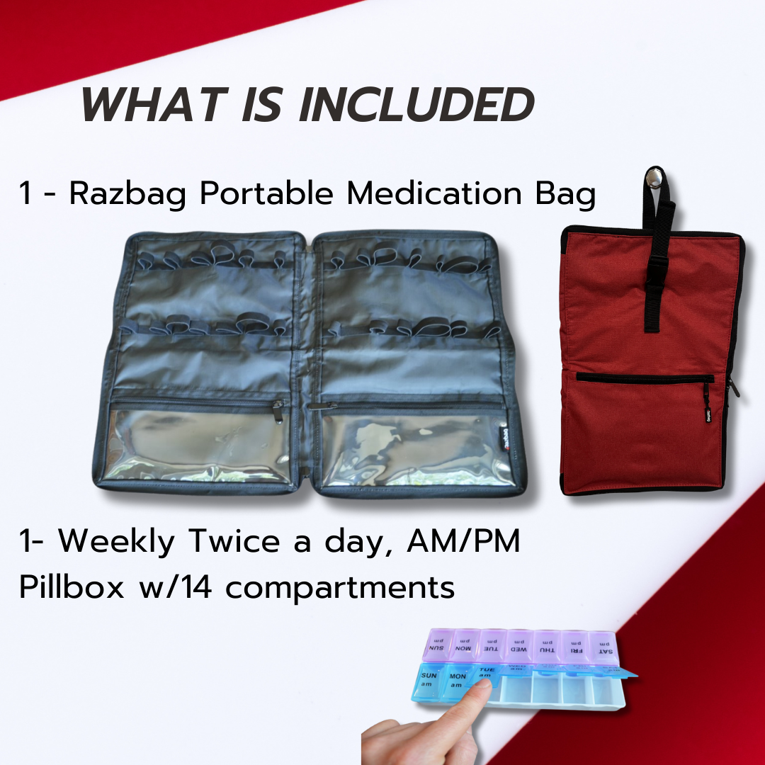 Razbag Medication Bag: Stylish, Secure Organizer with Pill Bottle Storage. Includes Weekly Pill Box. Total Medication Solutions! - Red