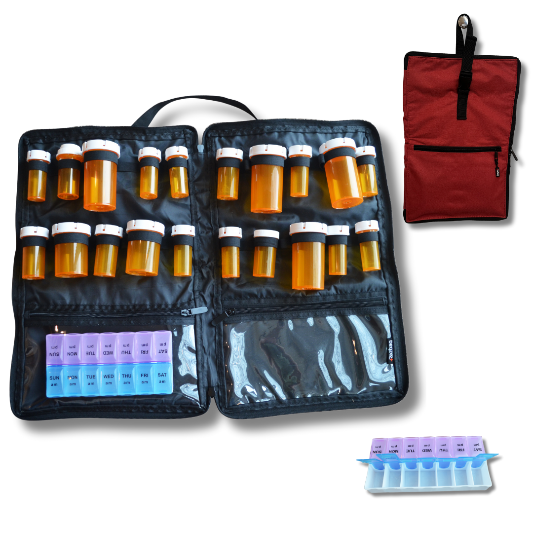 Razbag Medication Bag: Stylish, Secure Organizer with Pill Bottle Storage. Includes Weekly Pill Box. Total Medication Solutions! - Red