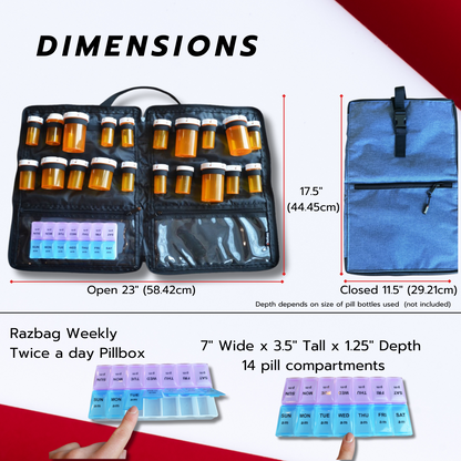 Razbag Medication Bag: Stylish, Secure Organizer with Pill Bottle Storage. Includes Weekly Pill Box. Total Medication Solutions! - Blue