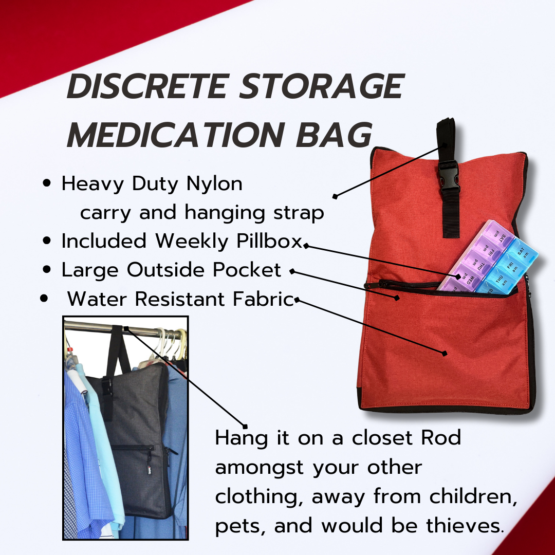 Razbag Medication Bag: Stylish, Secure Organizer with Pill Bottle Storage. Includes Weekly Pill Box. Total Medication Solutions! - Red