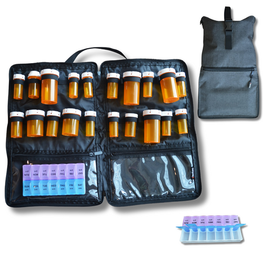 Razbag Medication Bag: Stylish, Secure Organizer with Pill Bottle Storage. Includes Weekly Pill Box. Total Medication Solutions! - Gray