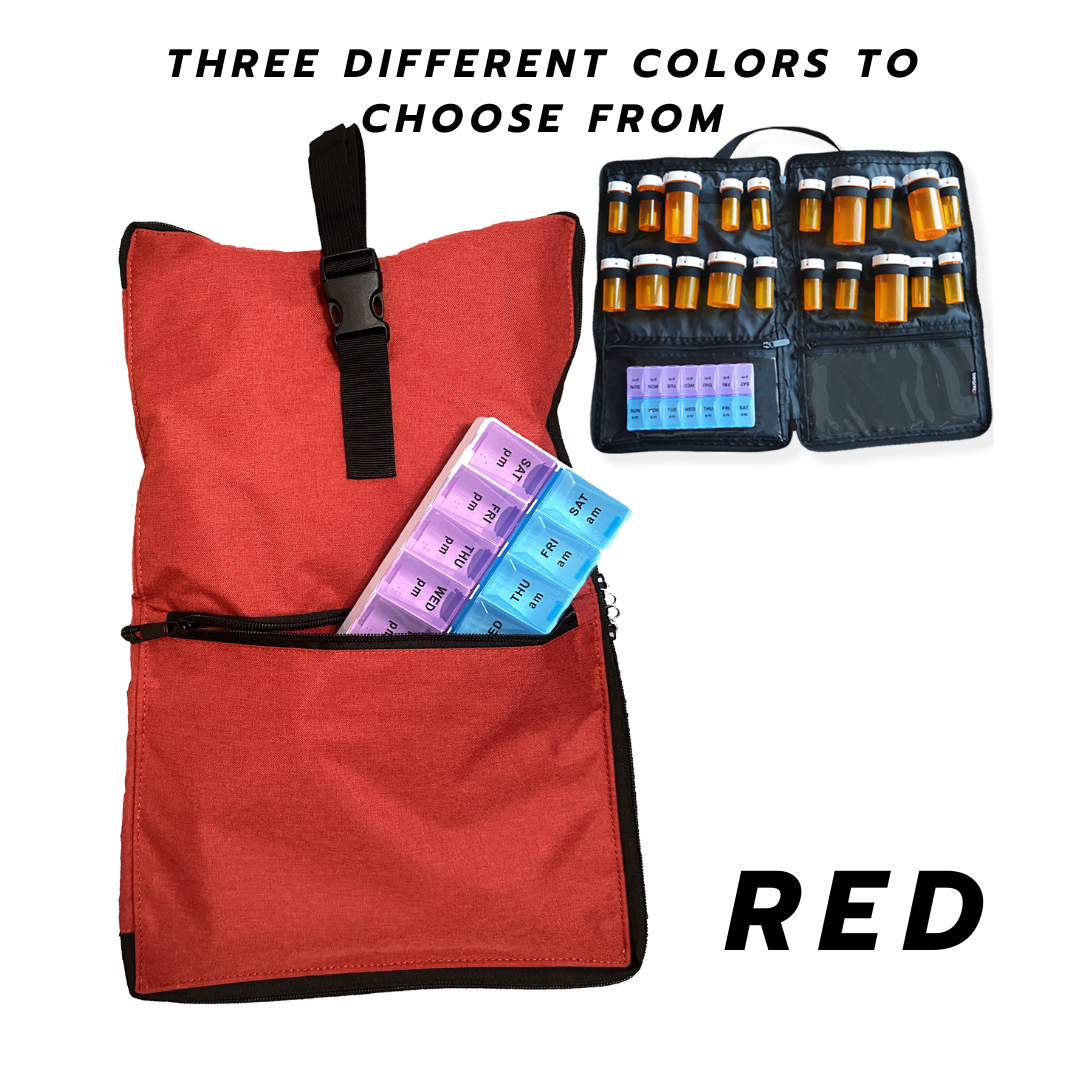 Razbag Medication Bag: Stylish, Secure Organizer with Pill Bottle Storage. Includes Weekly Pill Box. Total Medication Solutions! - Red