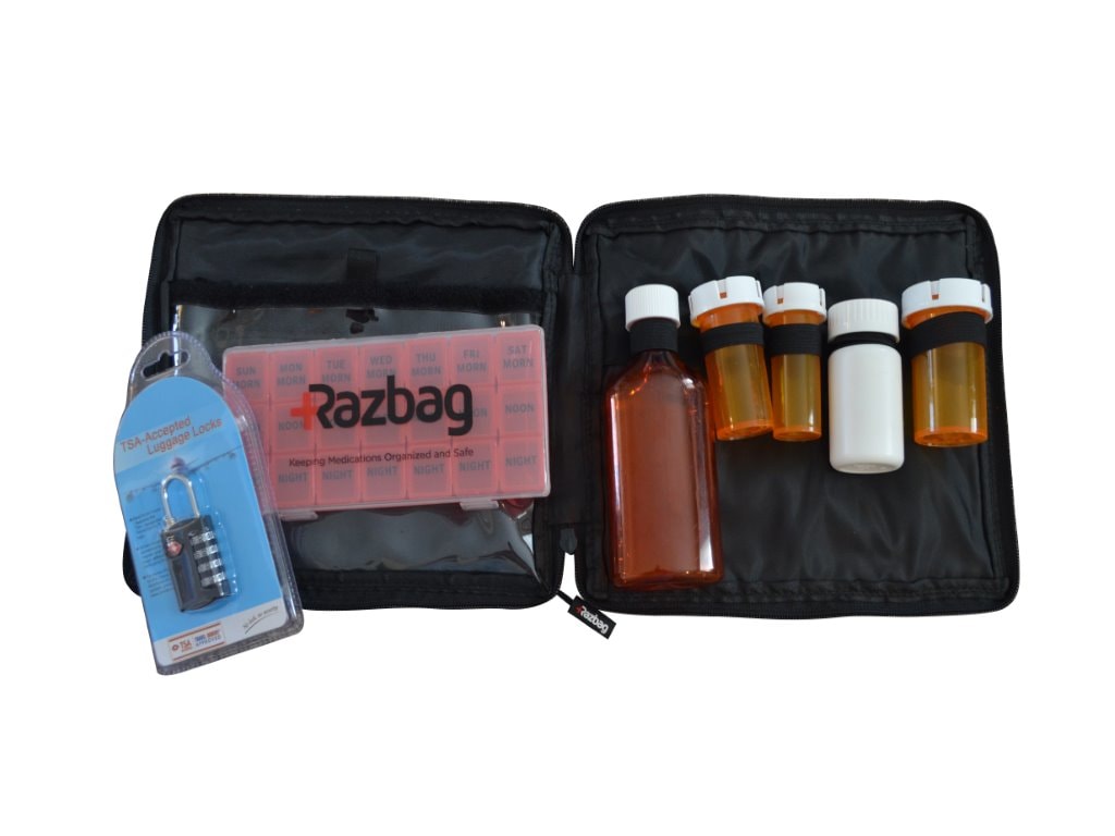 Razbag Traveler Medicine bag hold five bottles with Free pillbox and Lock