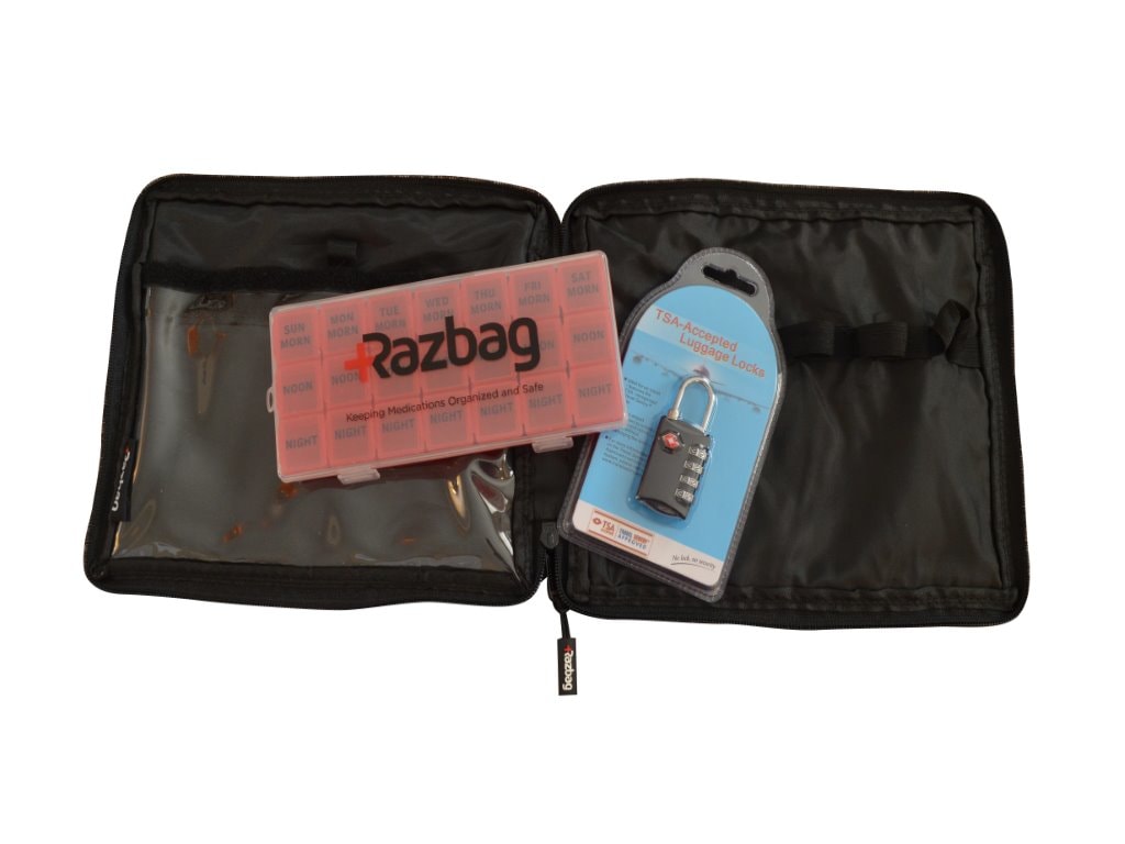 Razbag Portable, Lockable, Prescription Medicine Bag, Included Weekly Pill  Box, Medicine Carrier Holds 20 Various Sizes of Medication Pill Bottles or