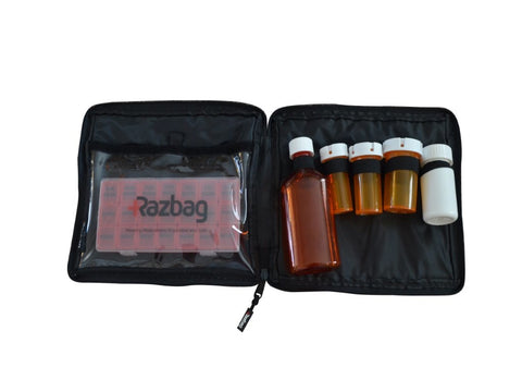 Razbag Traveler drug bag with Free Pillbox holds five prescriptions and medical supplies